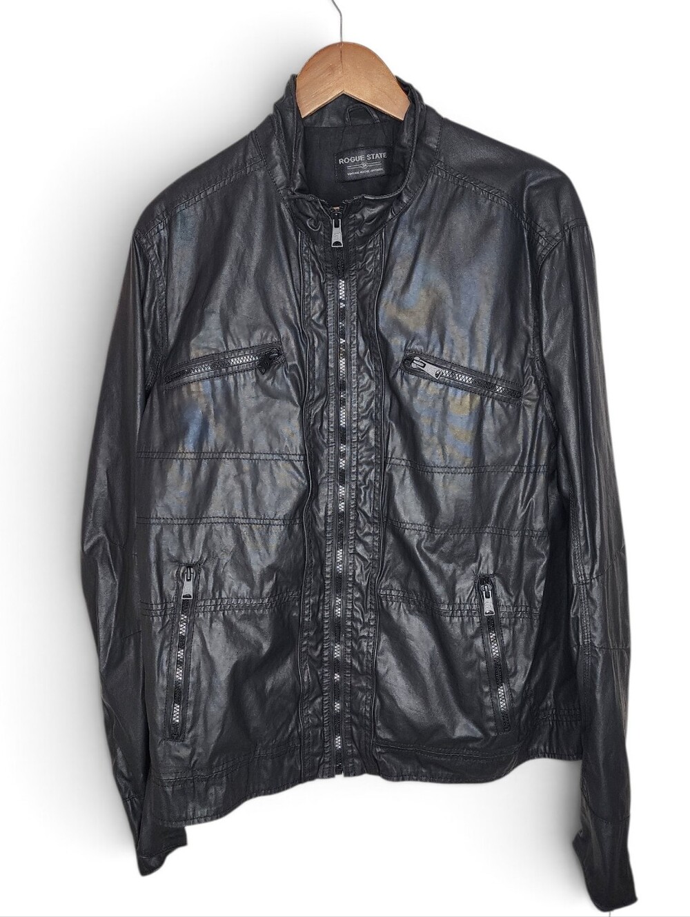 Rogue State Coated Cotton Cafe Racer Moto Jacket in Black Size XL